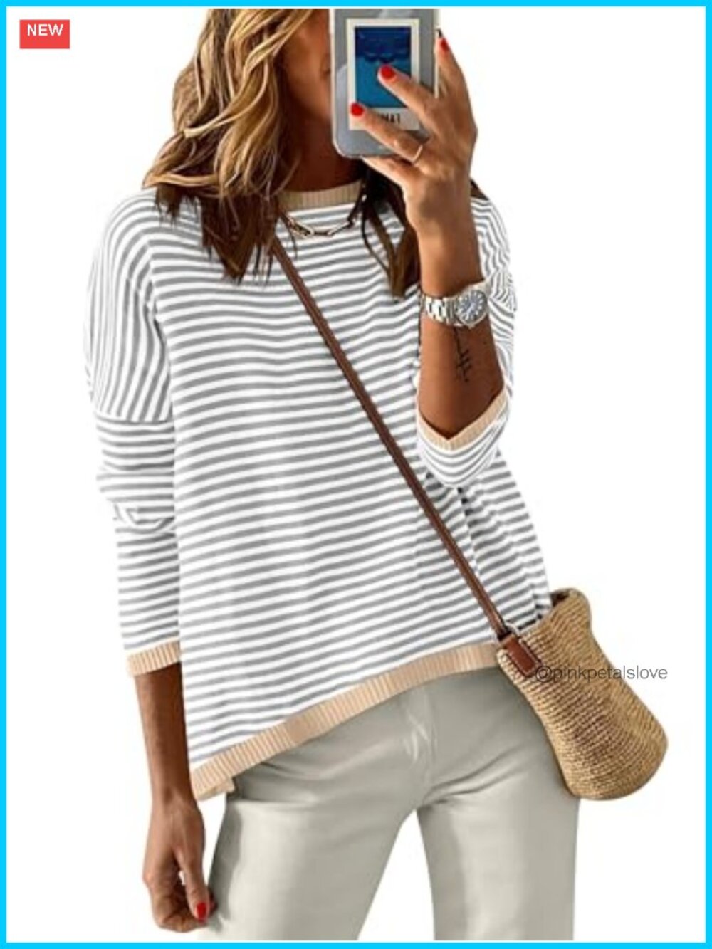 Striped Sweater Womens Loose Fit Long Sleeve Crewneck Loose Knit Pullover